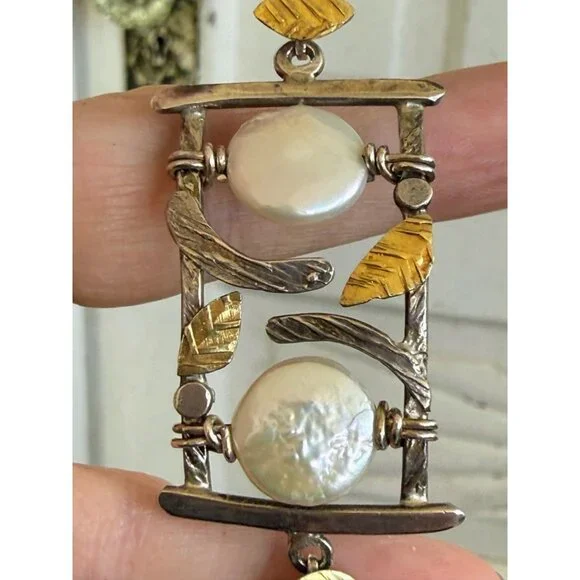Vintage 90s Modernist Donna Burdic Bracelet Coin Pearls Sterling Gold Leaves